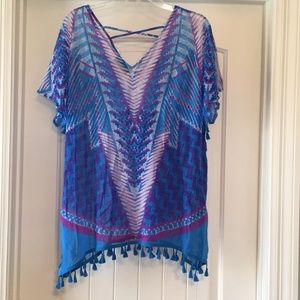 Pretty INC Sheer Tassel Tunic Blouse L Pink & Blue